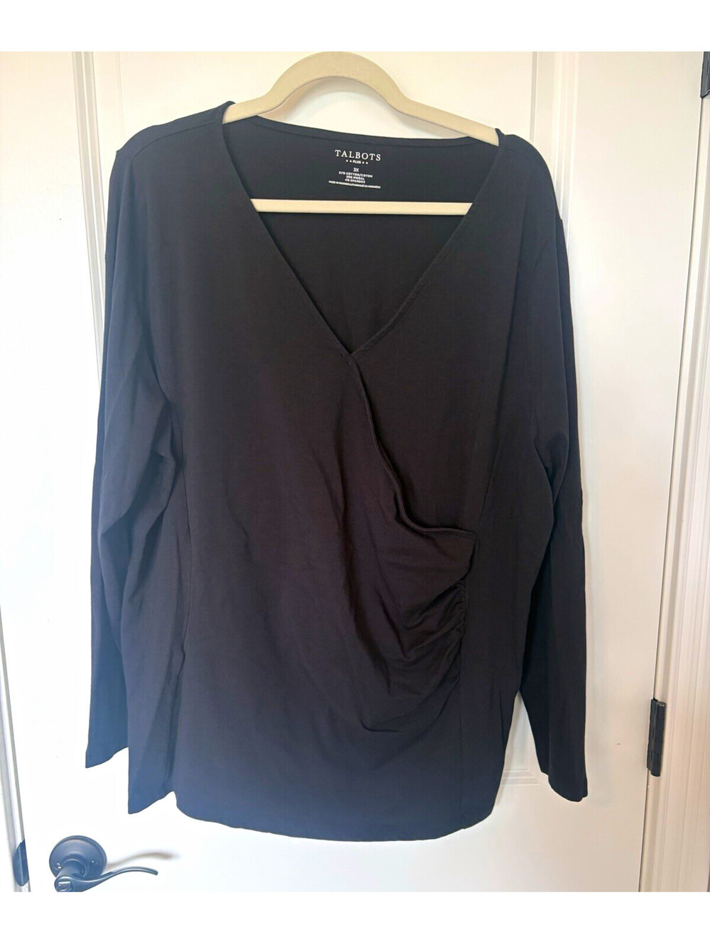 Talbots Plus 3X Black Ruched V-Neck Long Sleeve Knit Stretch Top